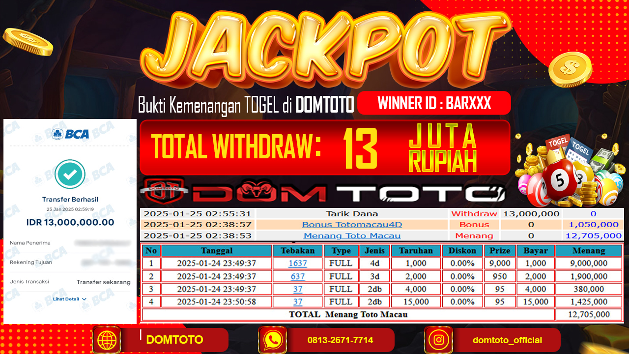 JACKPOT TOGEL TOTOMACAU 4D  25 JANUARI 2025